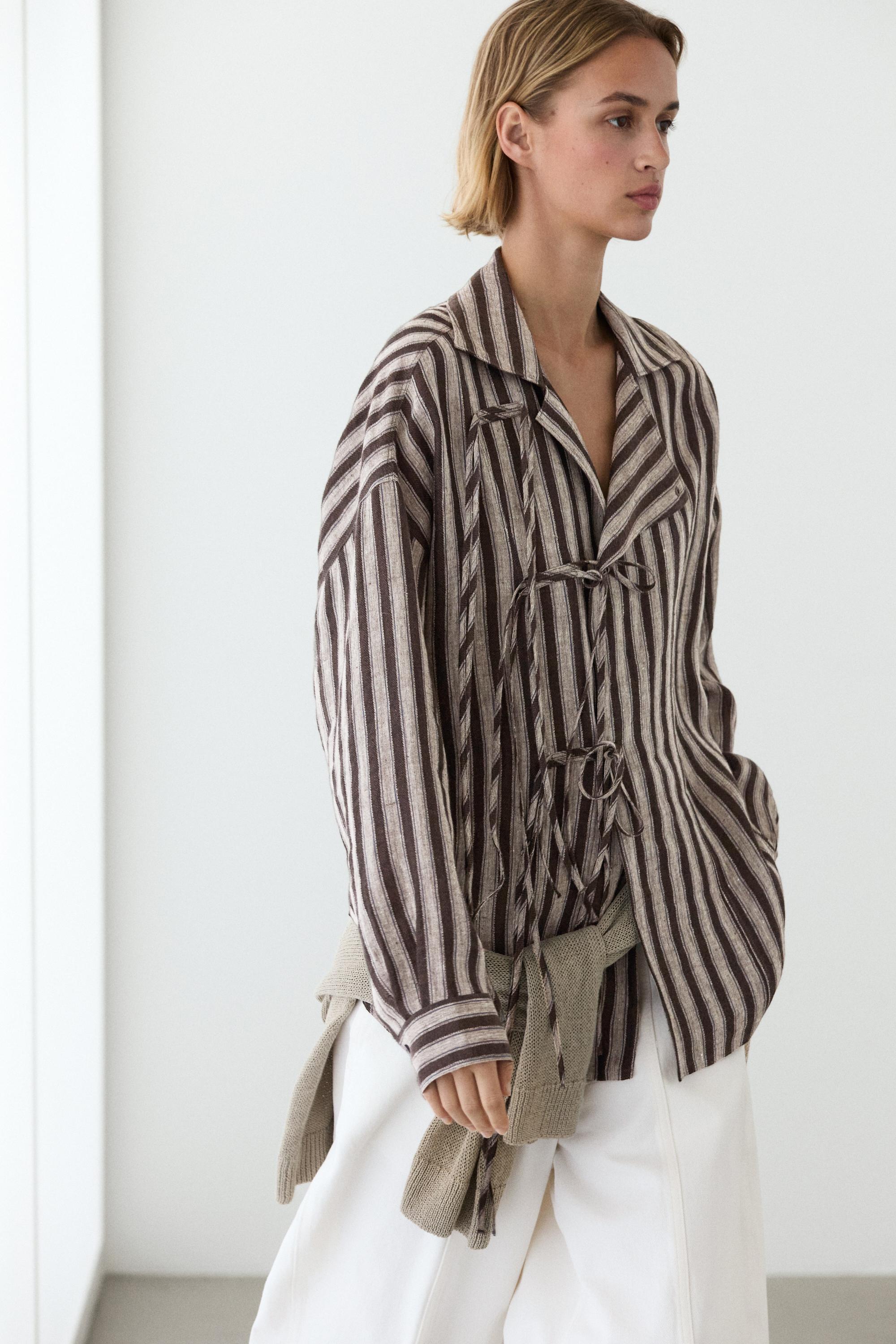 Striped wrap shirt with tie detail